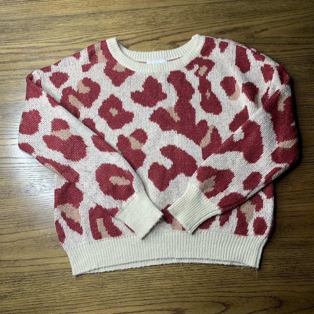 gb Girls Red Leopard Print Crew Neck Sweater Size XL